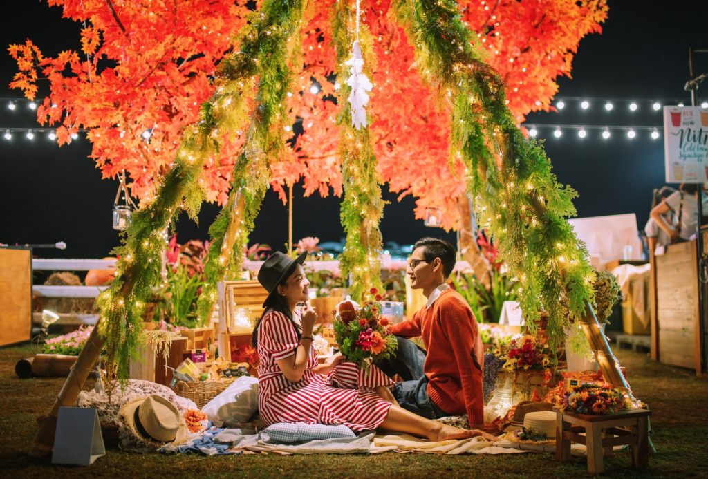 romantic-couple-sitting-amidst-illuminated-plants-field-night